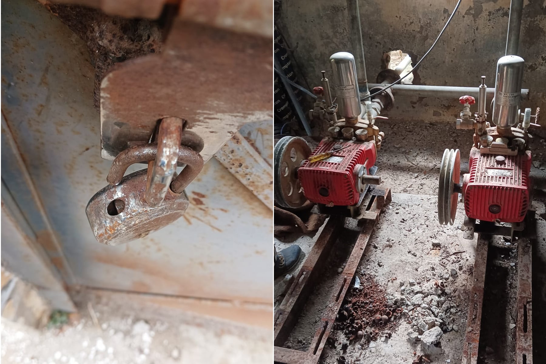 पम्प हॉउस का चोरों द्वारा तोड़ा गया ताला व् मोटर की गई चोरी के बाद खली पड़ी जगह